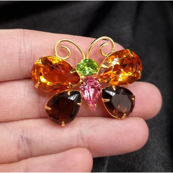 Vintage Joan Rivers Signed Butterfly Brooch With Sparkling Orange Pink & Green R - Picture 5 of 6